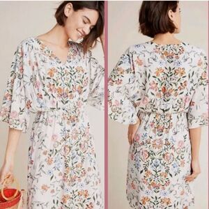 Anthropologie Laia Floral Botanical 100% Viscose 3/4 Sleeve Dress Size 4 Petite